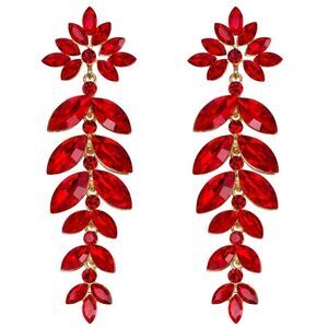 Yellow Gold with Ruby Red Austrian Crystal Floral Leaf Chandelier Post Earrings